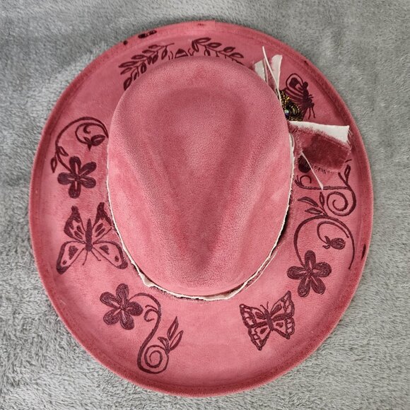 Womens Cowgirl Hat Medium Pink Felt Butterfly Bee Floral Burnt Painted Western - Picture 6 of 14